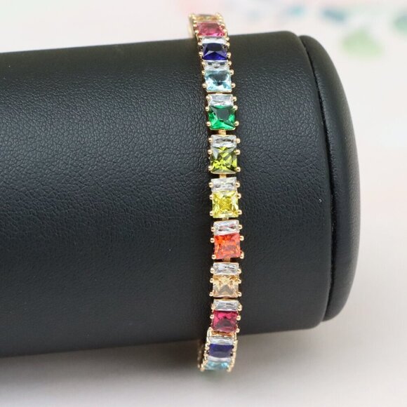 "Rainbow CZ Rose Gold Bracelet with Square Cut Stones, Vibrant Style, XPBL0742 - Picture 9 of 12